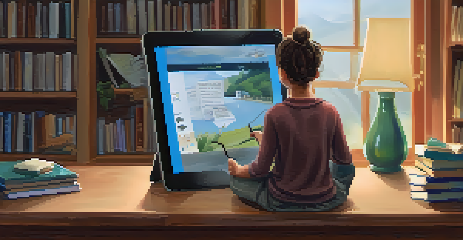 A student at home watching an online lecture on a tablet, surrounded by educational materials in a cozy environment.