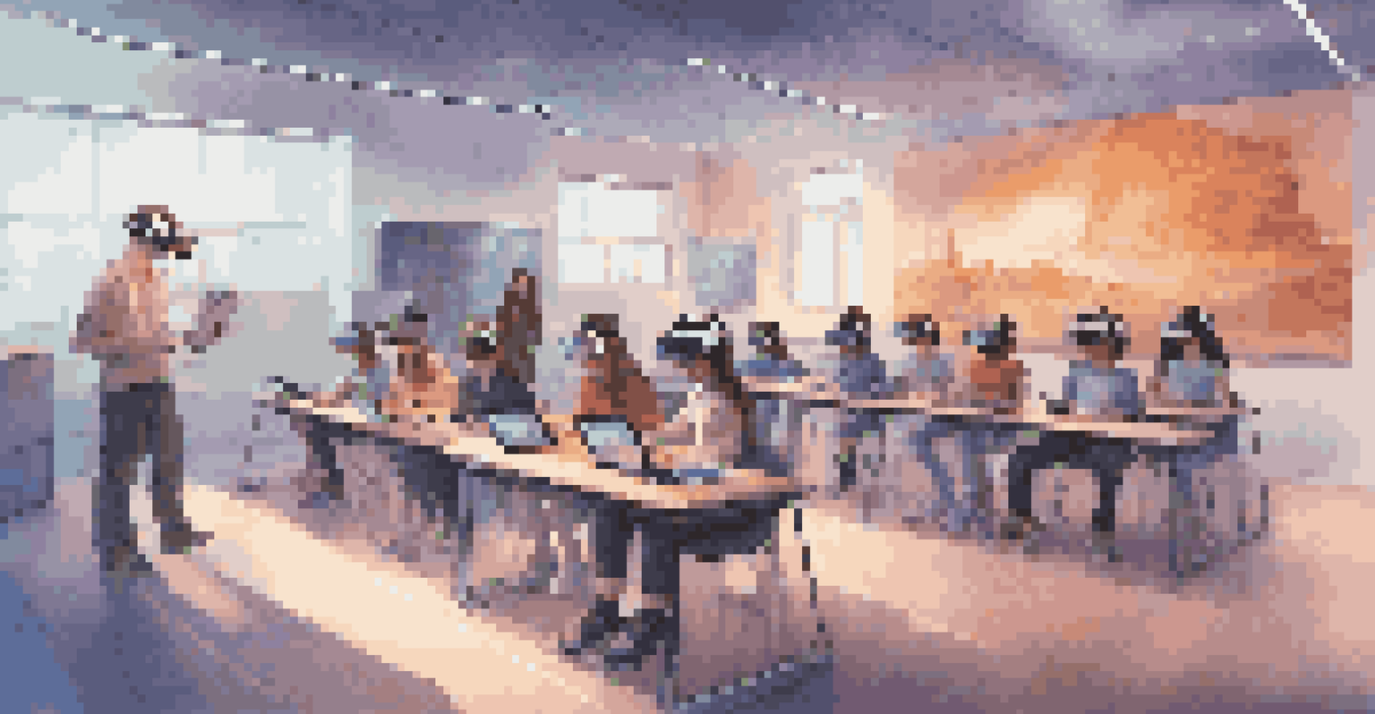Futuristic classroom with students using virtual reality headsets for an interactive history lesson, showcasing a modern learning environment.