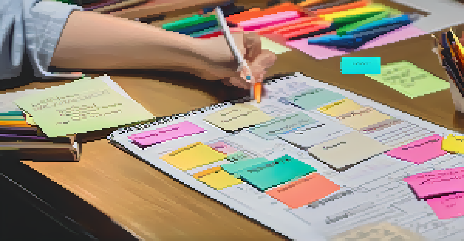 A teacher's hands grading assignments with colorful markers on a desk, with a chalkboard in the background displaying learning objectives.