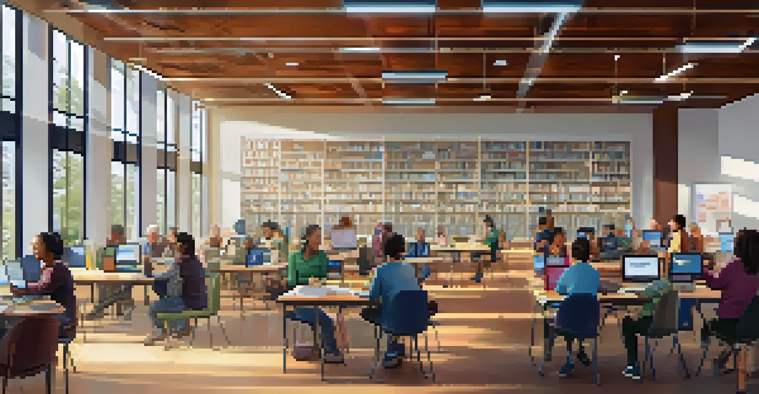 A community library hosting a digital literacy workshop with diverse participants learning about online job search tools.