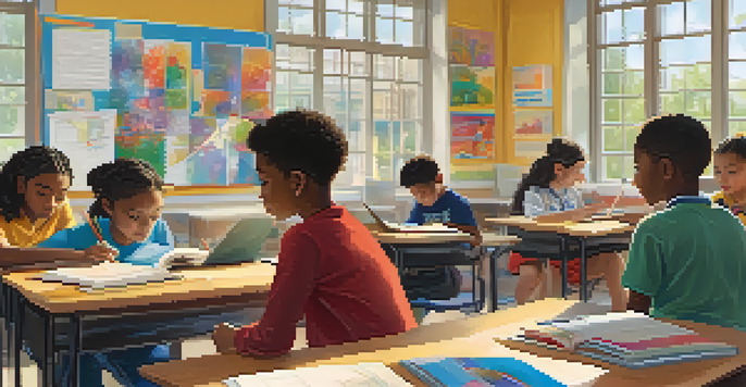 A bright classroom with students engaged in different learning activities, showcasing collaboration and focus.