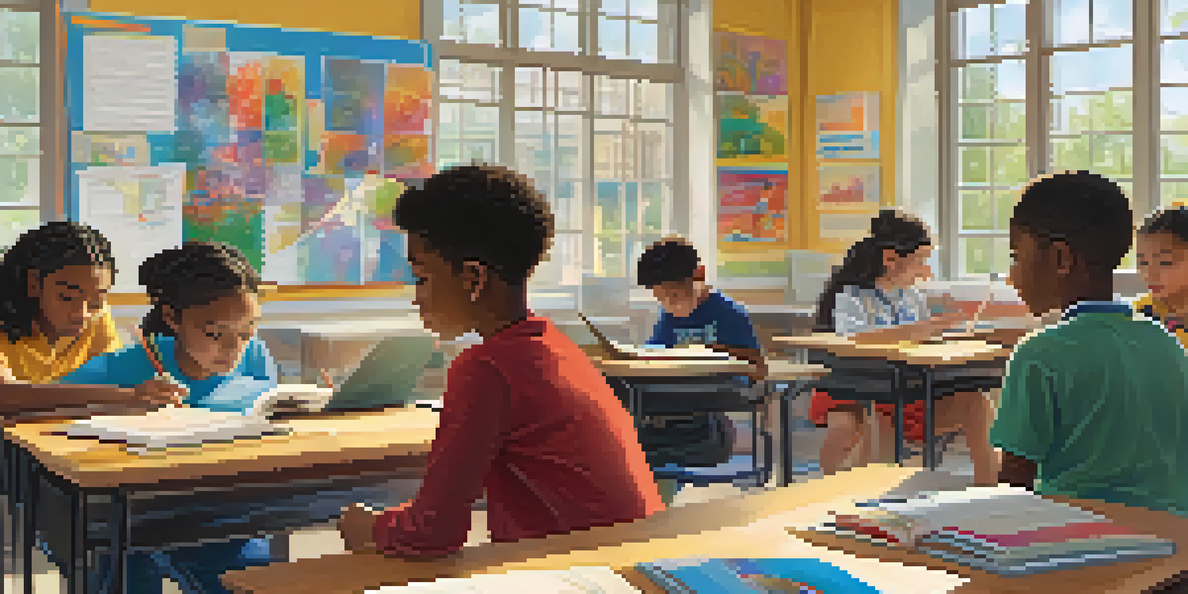 A bright classroom with students engaged in different learning activities, showcasing collaboration and focus.