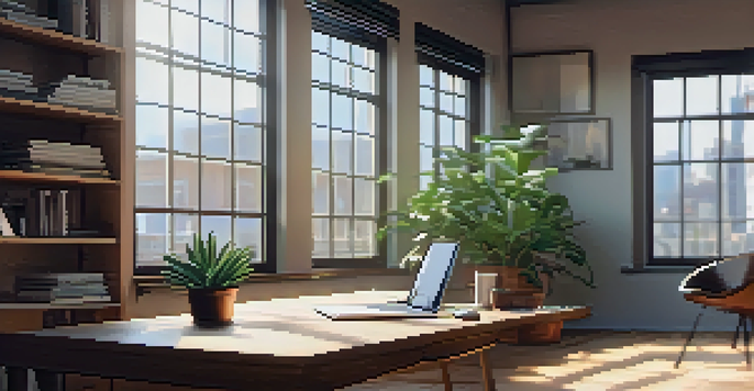 A modern office desk with a laptop, coffee cup, and a potted plant in a well-lit environment.
