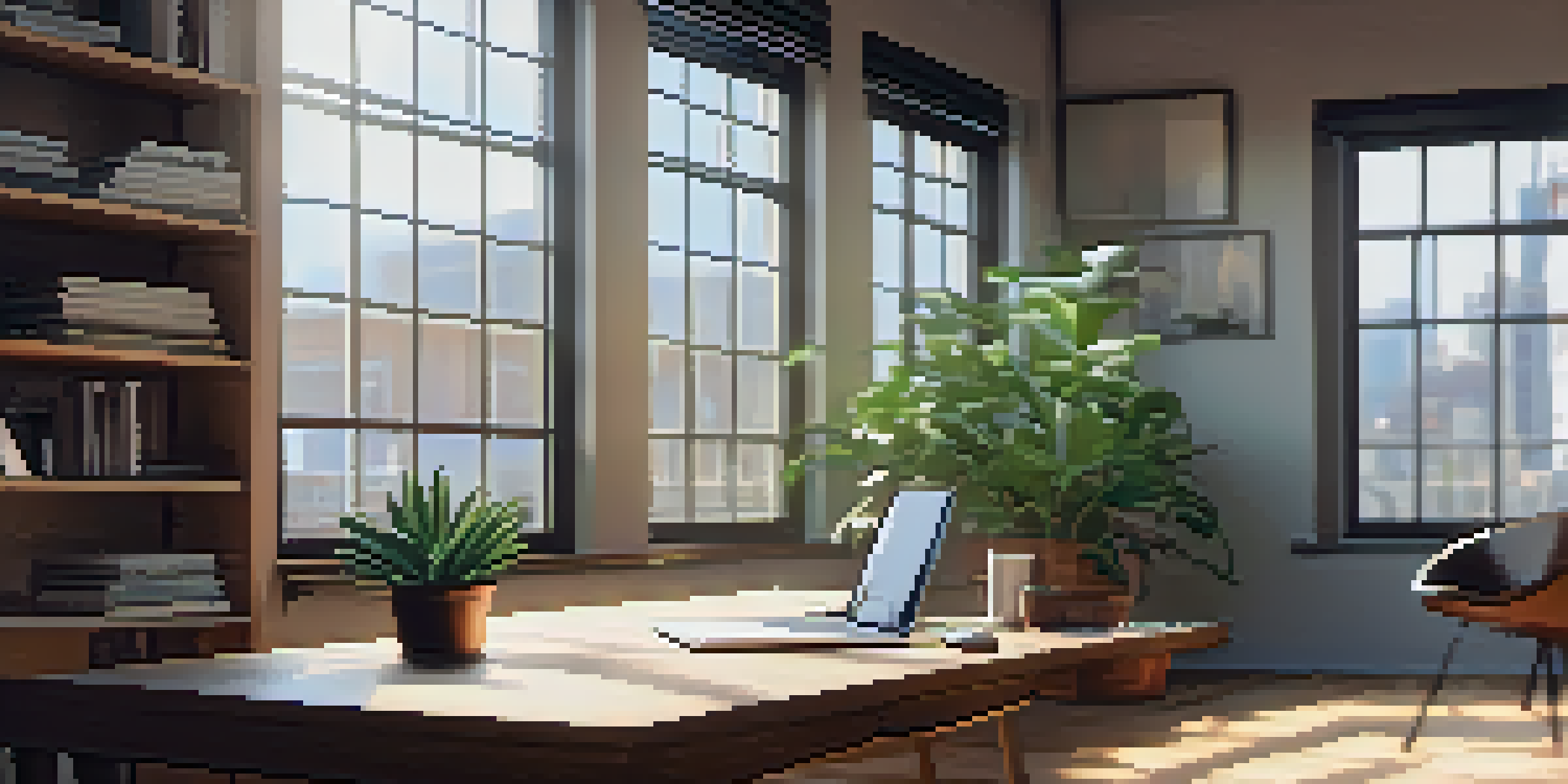A modern office desk with a laptop, coffee cup, and a potted plant in a well-lit environment.