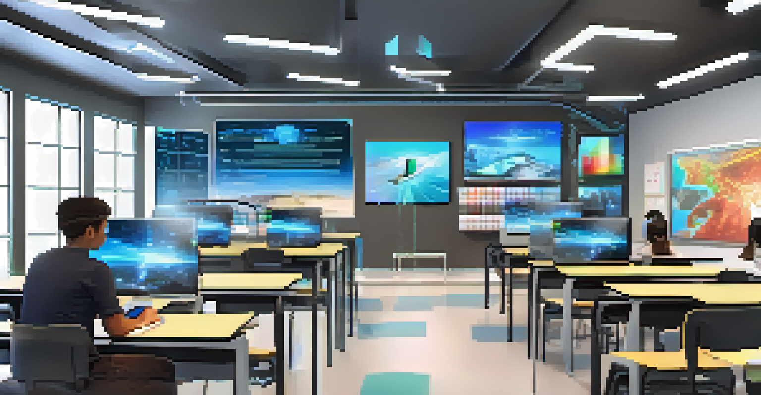 A high-tech classroom where students use virtual reality headsets and tablets for customized assessments, with a teacher guiding them.