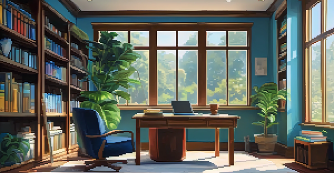 A peaceful study room with a desk, chair, and bookshelves, illuminated by natural light.