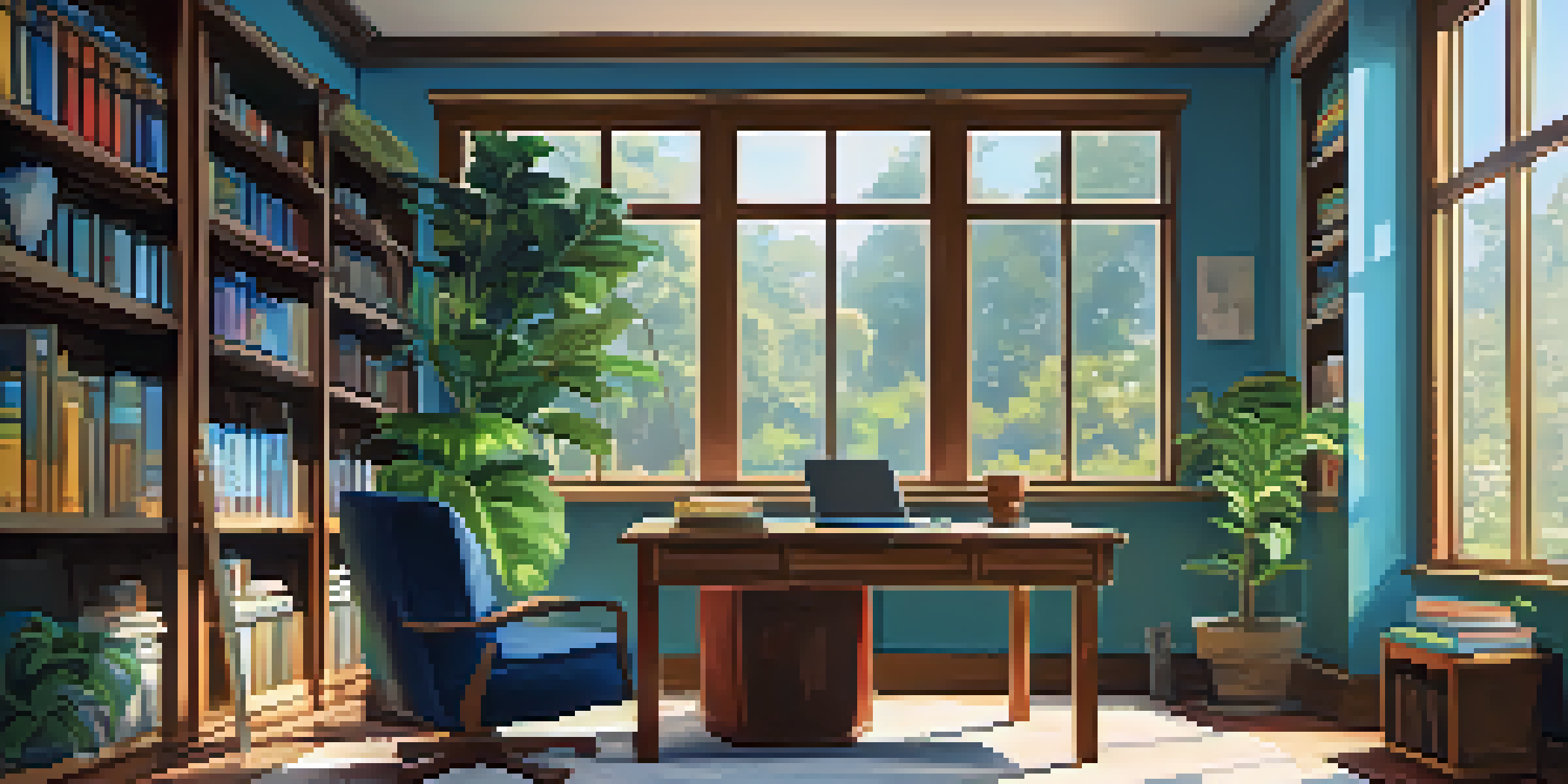 A peaceful study room with a desk, chair, and bookshelves, illuminated by natural light.