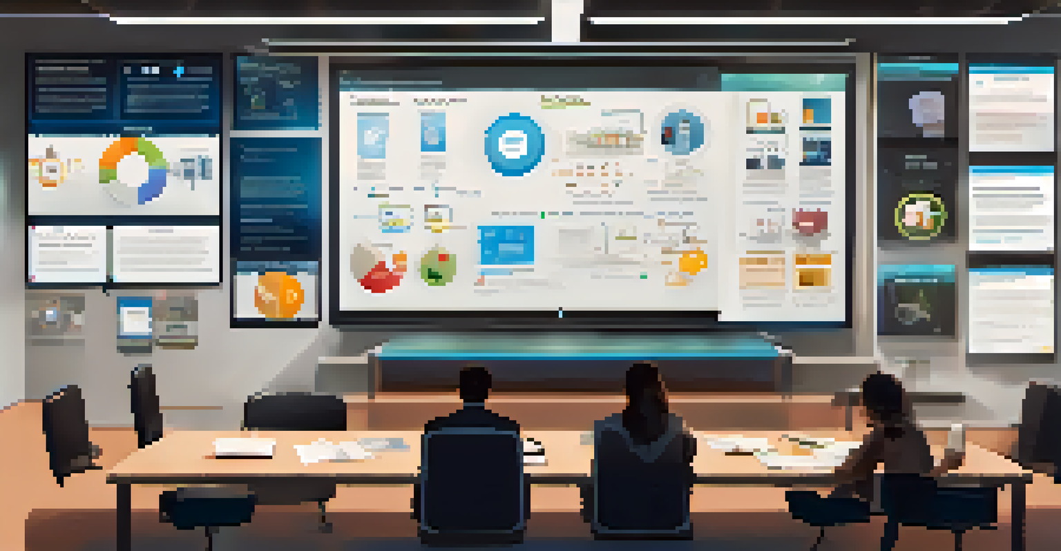 A digital assessment platform showcasing various multimedia elements like infographics and videos in a modern tech-inspired setting.