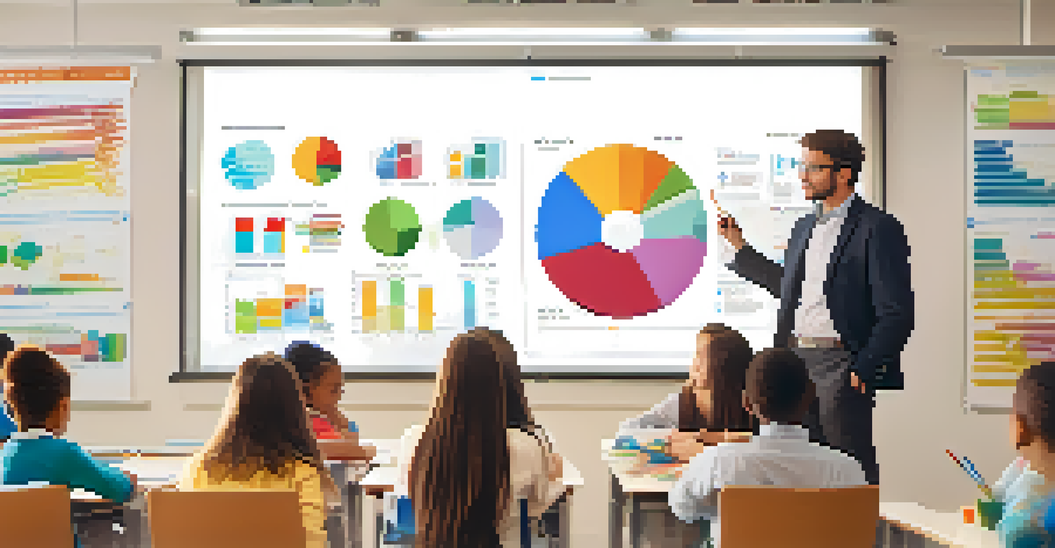 A teacher presenting data visualizations on a whiteboard to students in a bright classroom, illustrating the importance of learning analytics.