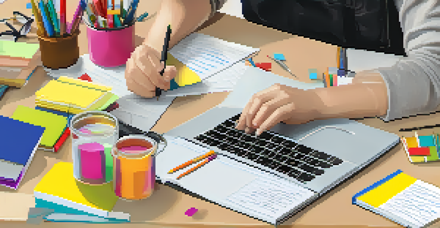 A student's hands writing in a notebook with research materials like a laptop and books on the desk, symbolizing inquiry-based learning.