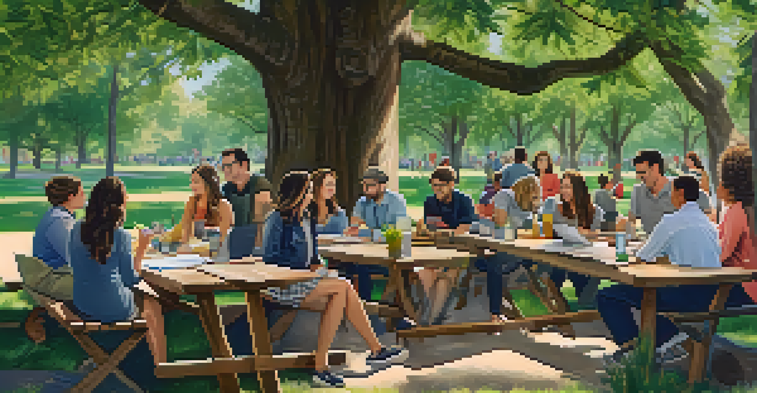 Educators collaborating in a park during a workshop, sharing ideas while surrounded by nature.