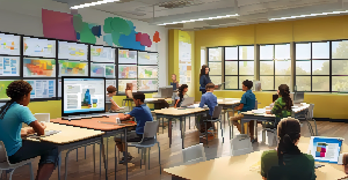 A bright and modern classroom filled with diverse students collaboratively working on tablets and laptops, with colorful educational materials in the background.