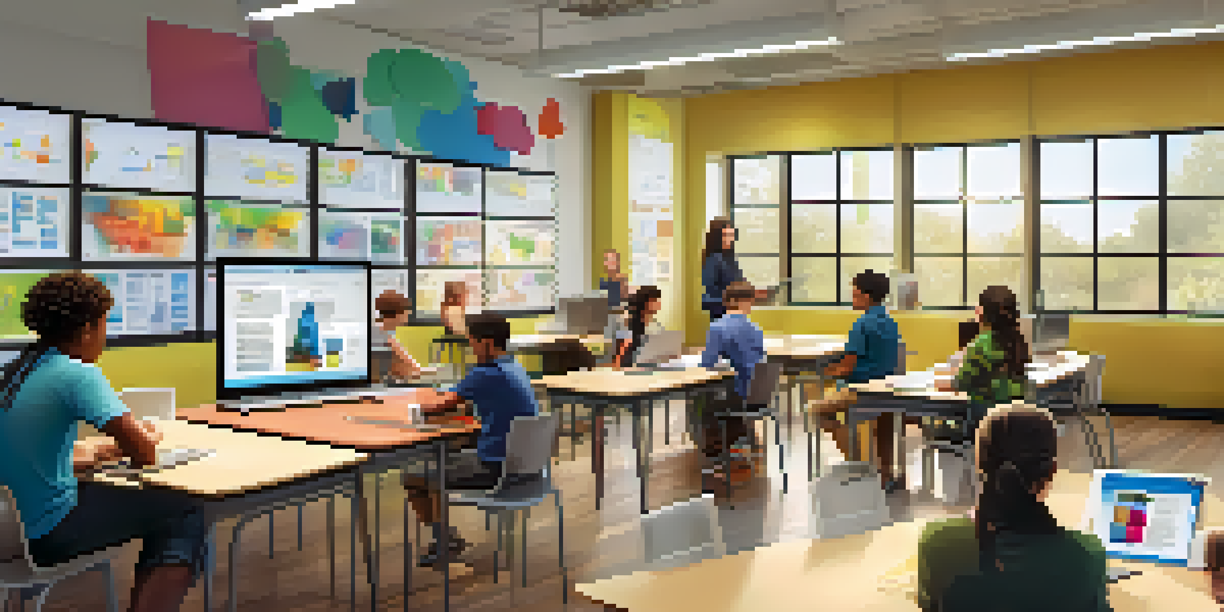 A bright and modern classroom filled with diverse students collaboratively working on tablets and laptops, with colorful educational materials in the background.