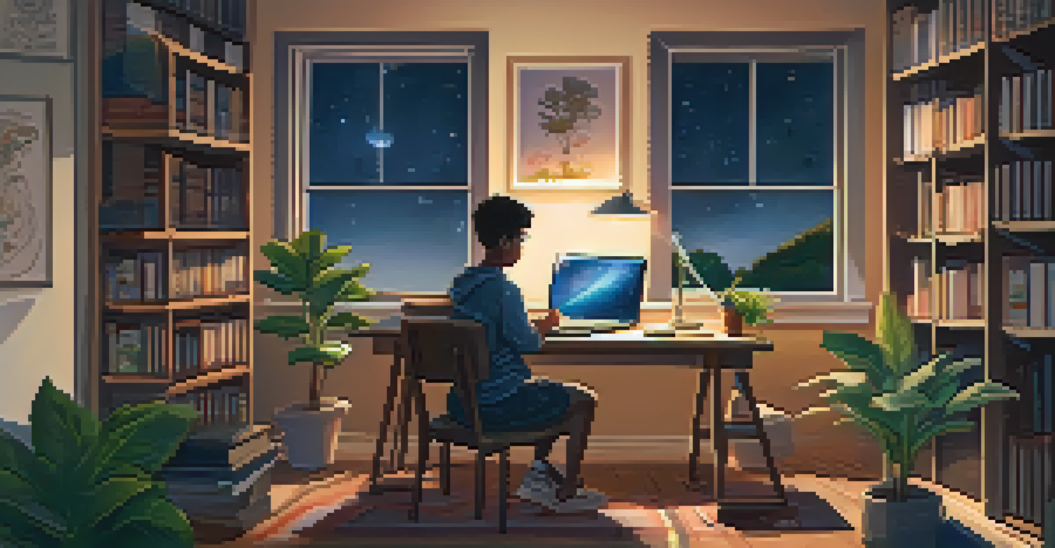 A student studying at home with a laptop and books, illustrating self-directed learning in a blended learning environment.