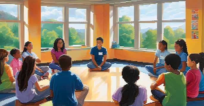 A bright classroom with diverse students in a circle during a morning meeting, with a smiling teacher facilitating.
