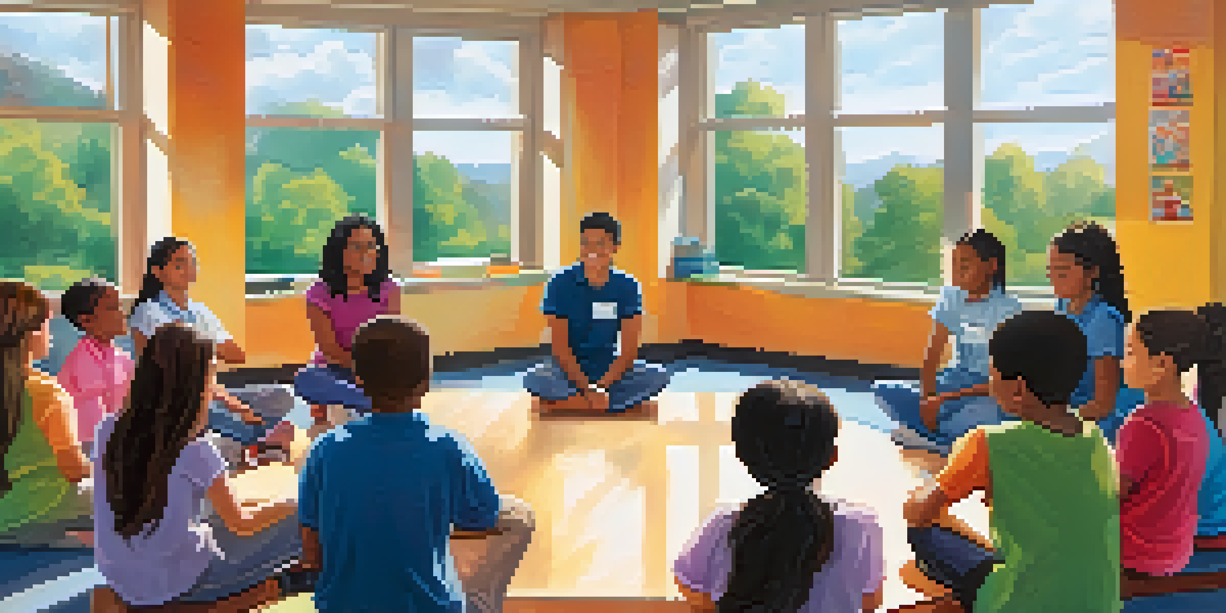 A bright classroom with diverse students in a circle during a morning meeting, with a smiling teacher facilitating.