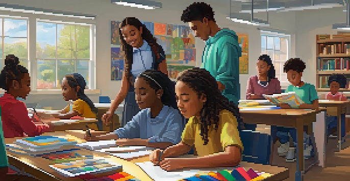 A diverse group of students working together in a bright and colorful classroom, surrounded by books and art supplies.