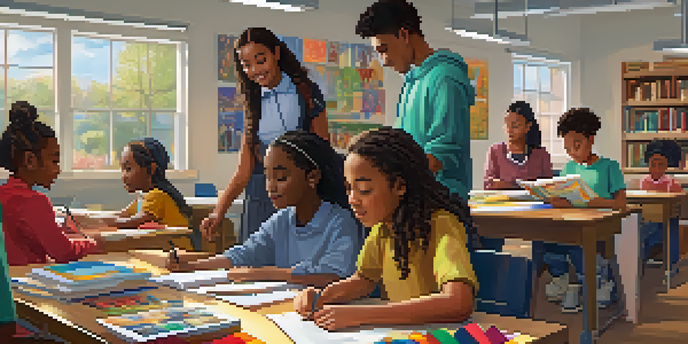 A diverse group of students working together in a bright and colorful classroom, surrounded by books and art supplies.