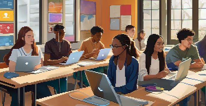 A diverse group of students with varying abilities using different devices for online learning, showcasing an inclusive educational environment.