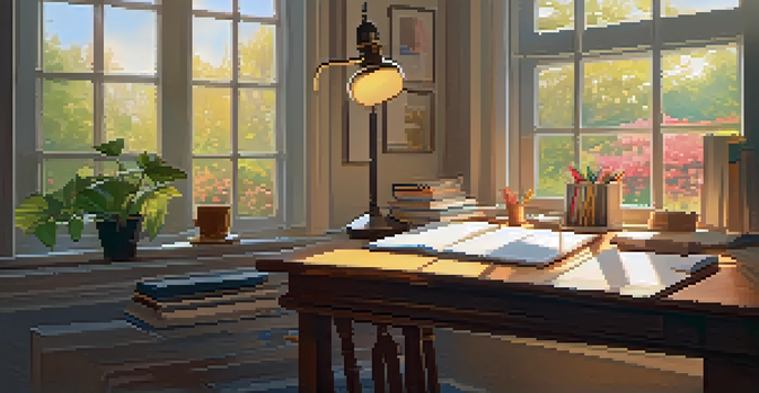 A cozy study space with a wooden desk, an open laptop, and a view of a garden outside the window.