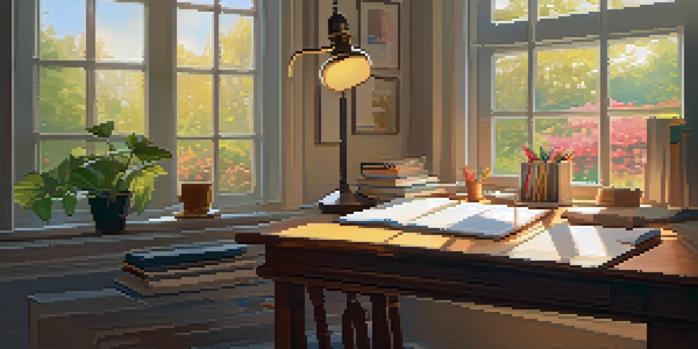 A cozy study space with a wooden desk, an open laptop, and a view of a garden outside the window.