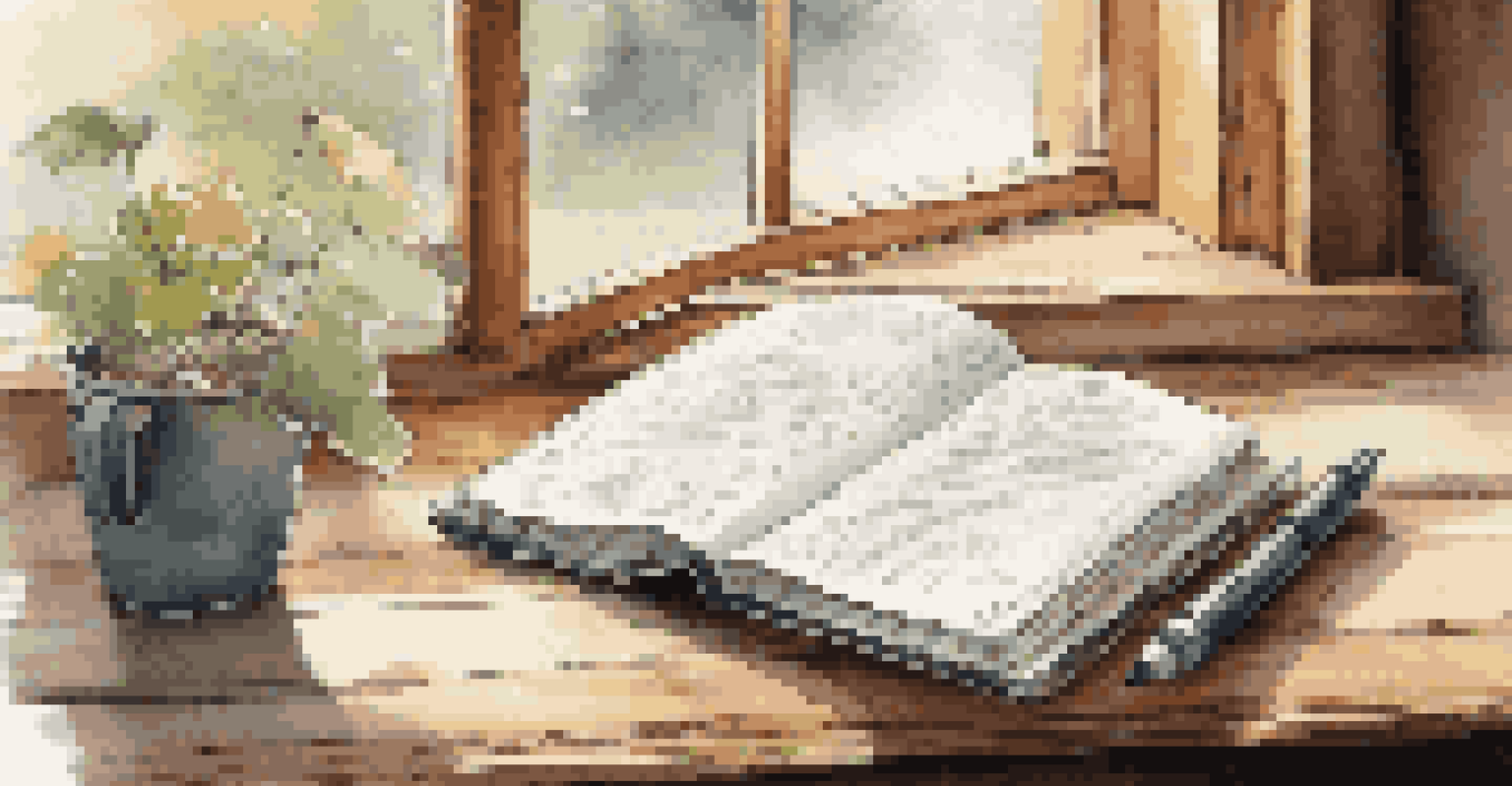 An open journal with handwritten notes and sketches on a wooden table, with a nature scene outside.