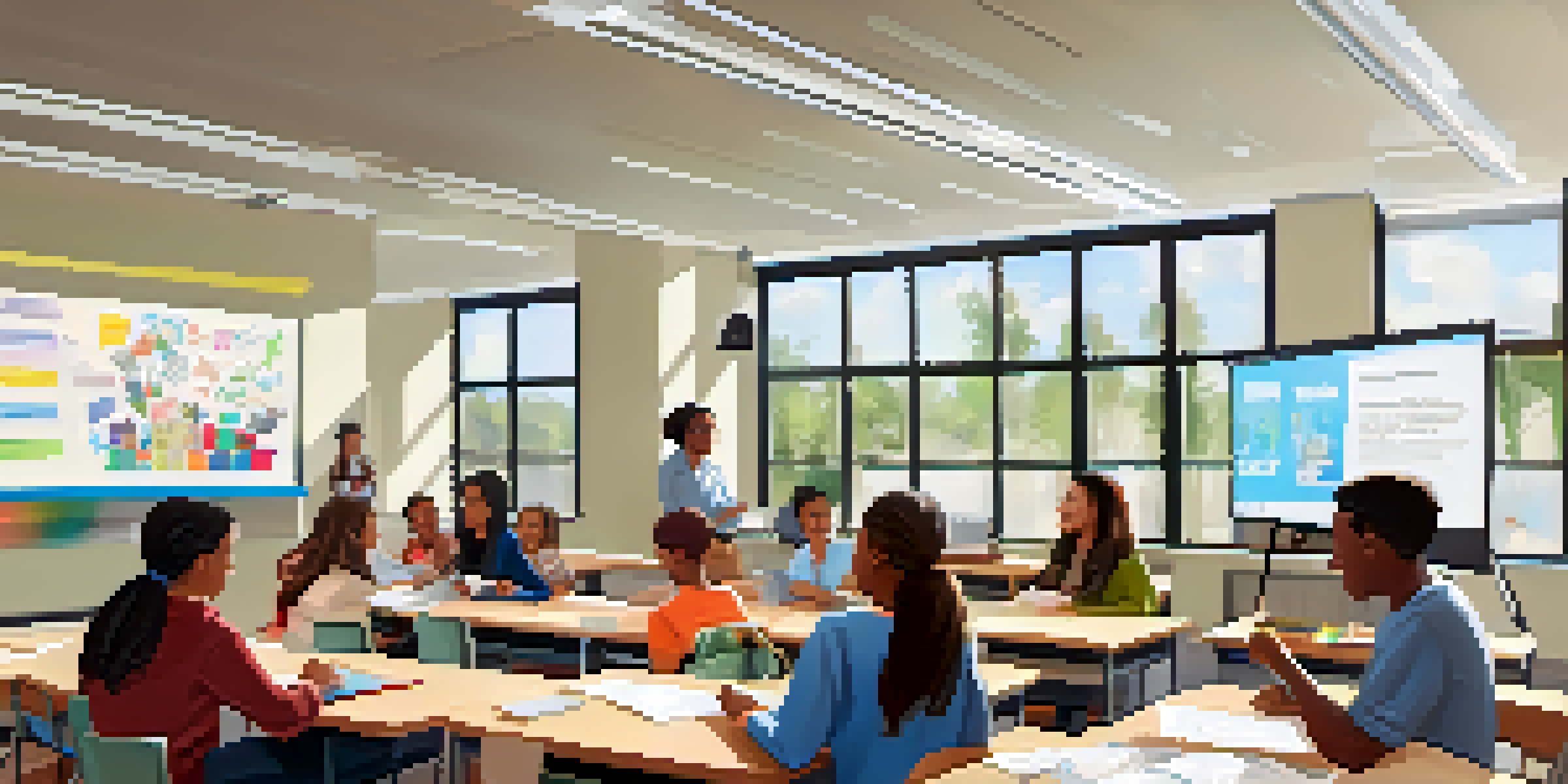 A diverse group of students collaborating in a bright classroom, discussing around a large table with laptops and educational posters in the background.