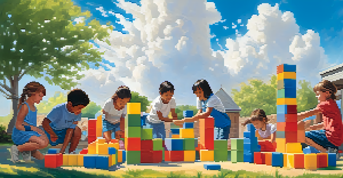 A group of children working together to build a fort with colorful blocks in an outdoor setting under a blue sky.