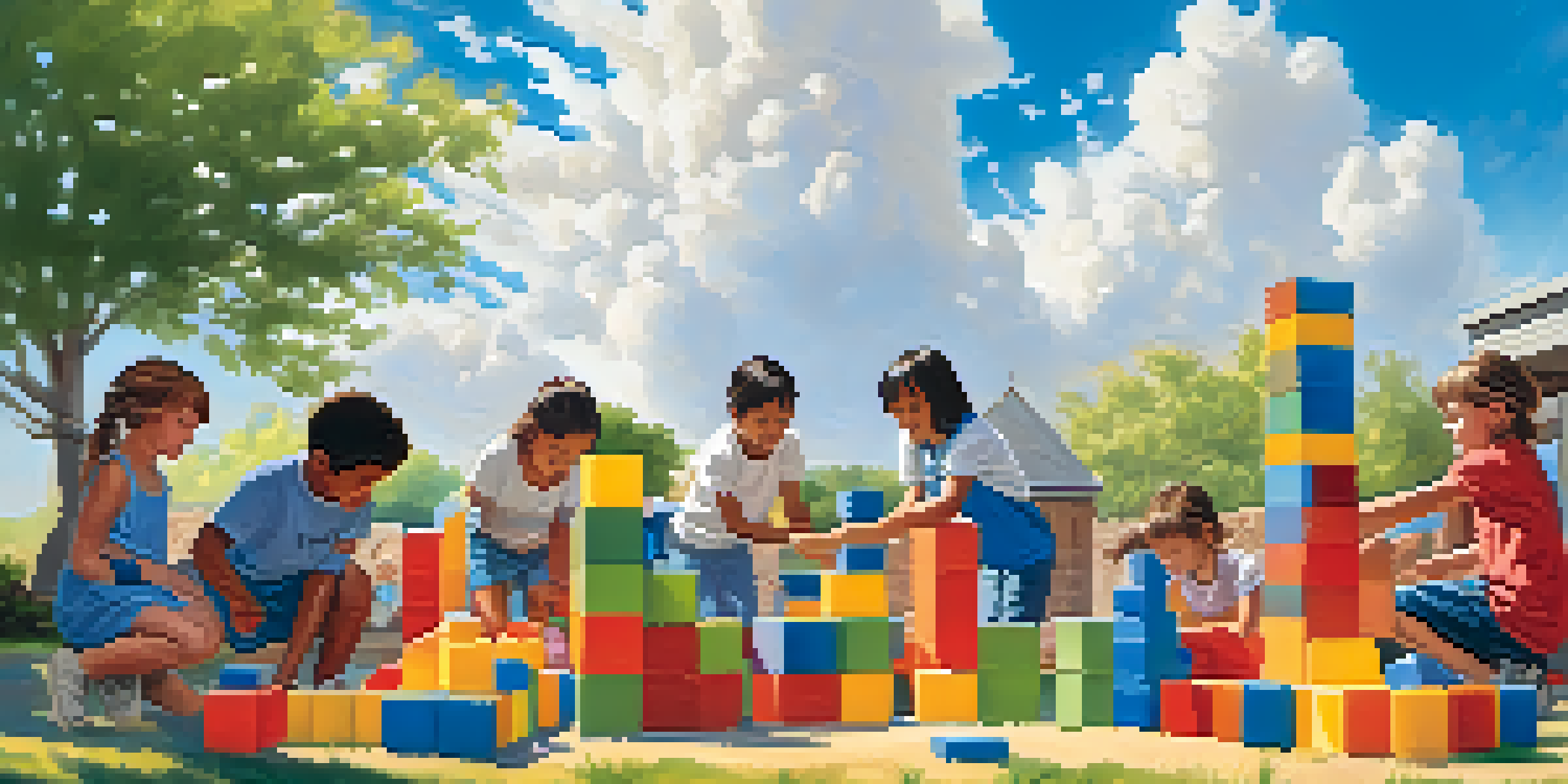 A group of children working together to build a fort with colorful blocks in an outdoor setting under a blue sky.
