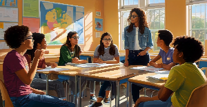 A diverse group of students in a bright classroom discussing inclusivity with a female teacher.