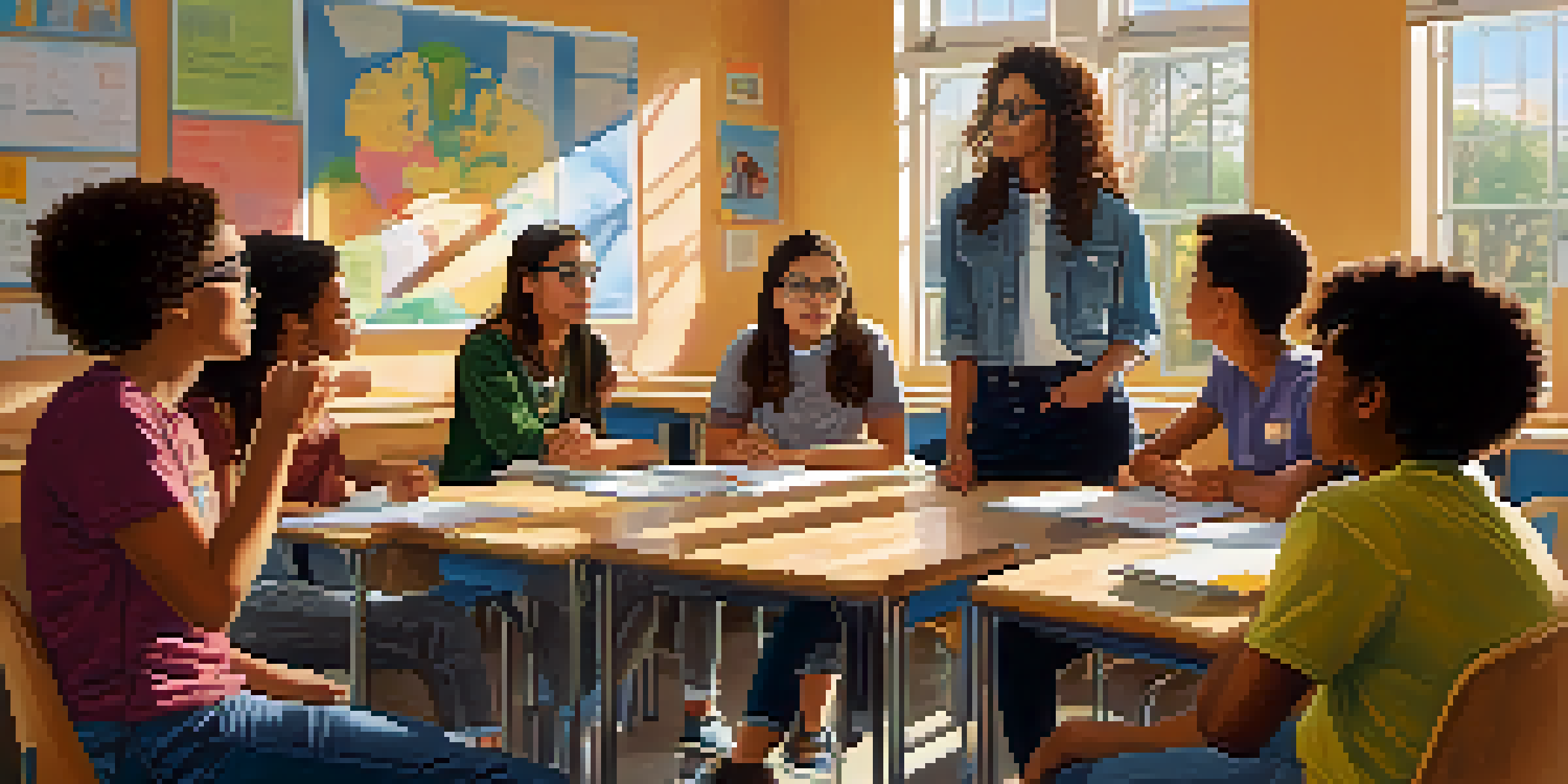 A diverse group of students in a bright classroom discussing inclusivity with a female teacher.