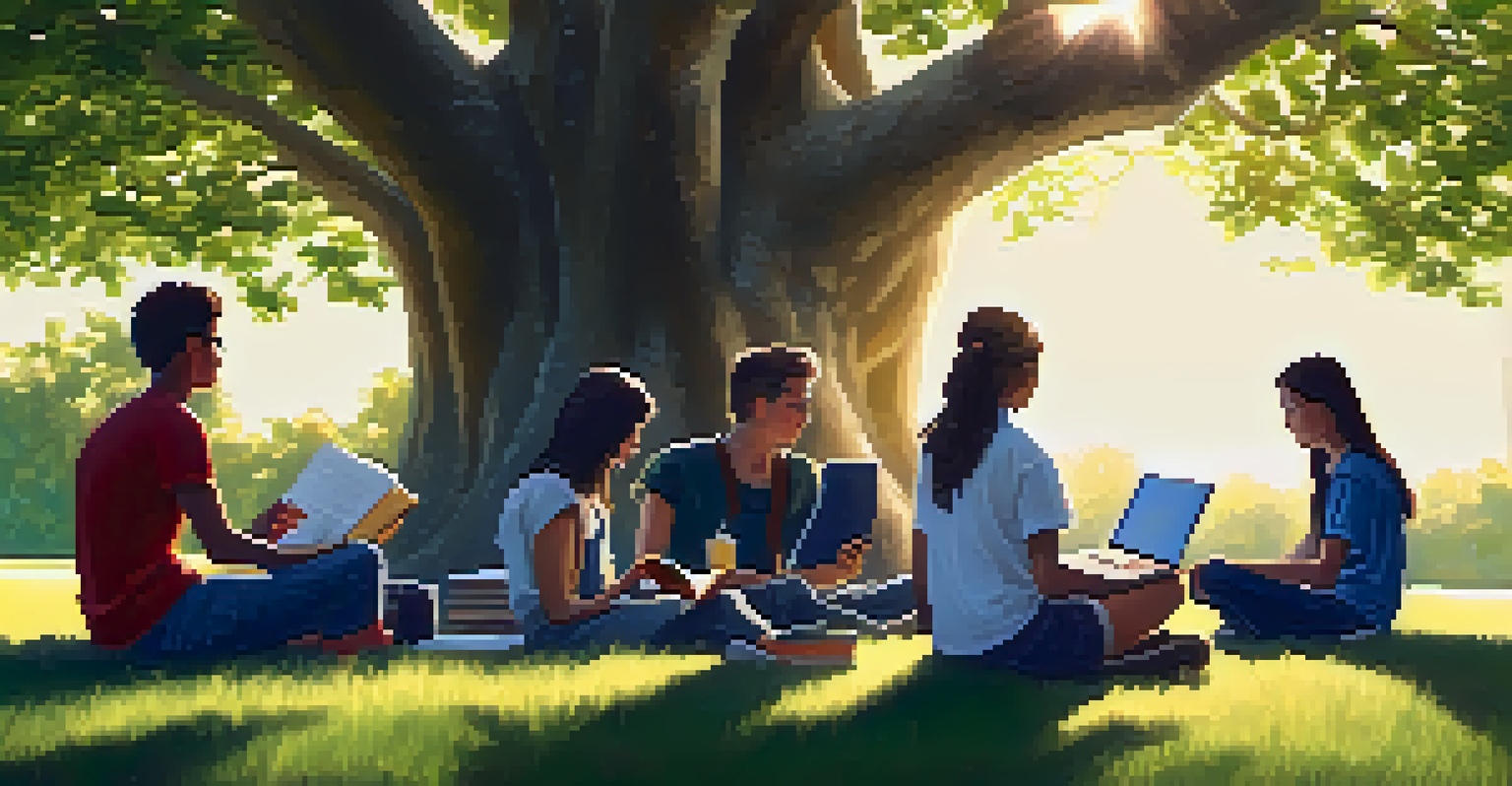 Students seated on the grass brainstorming for a project under a tree, surrounded by nature.