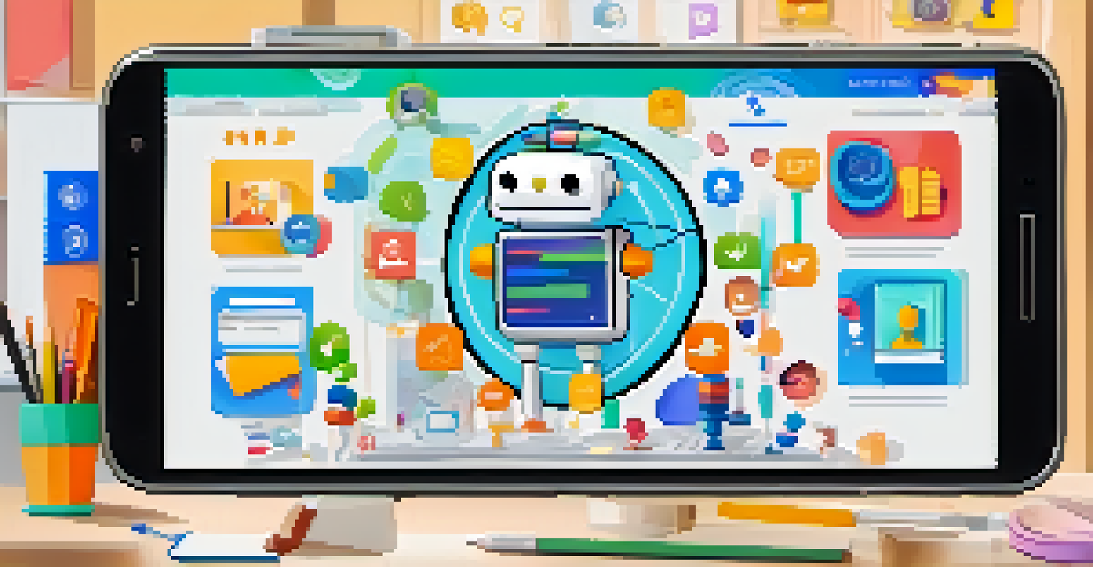 A smartphone displaying an animated AI chatbot interface, with a busy parent and child doing homework in the background.