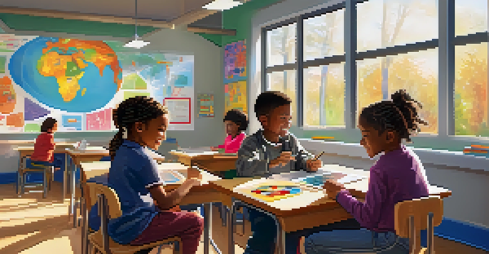 A vibrant classroom with diverse children using technology for interactive learning, surrounded by colorful educational posters and natural light.