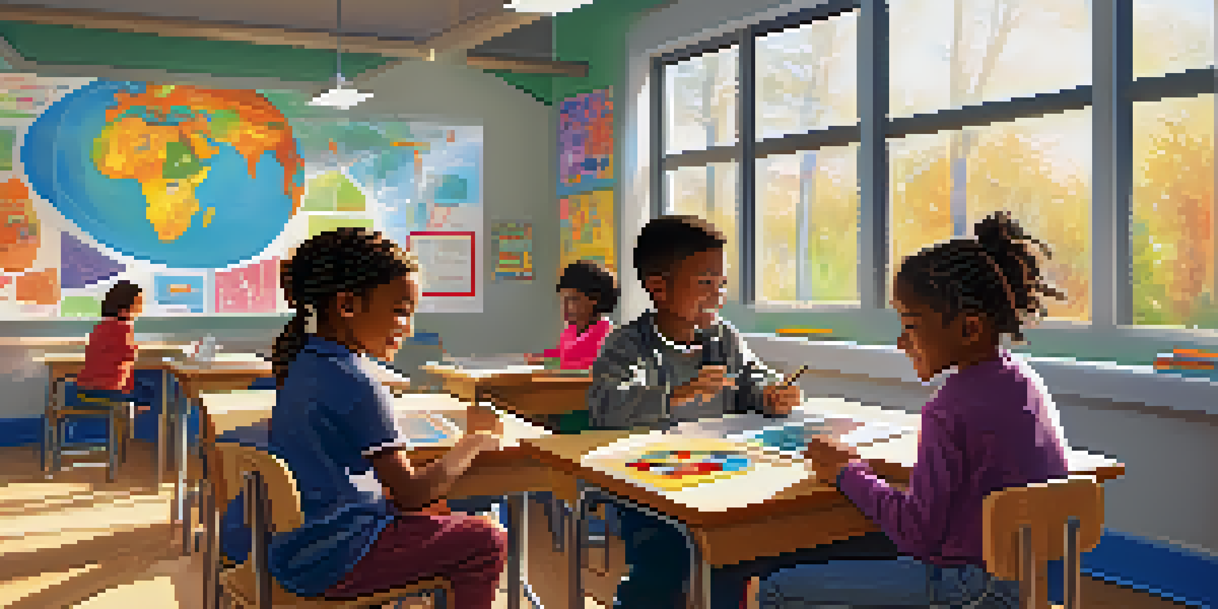 A vibrant classroom with diverse children using technology for interactive learning, surrounded by colorful educational posters and natural light.