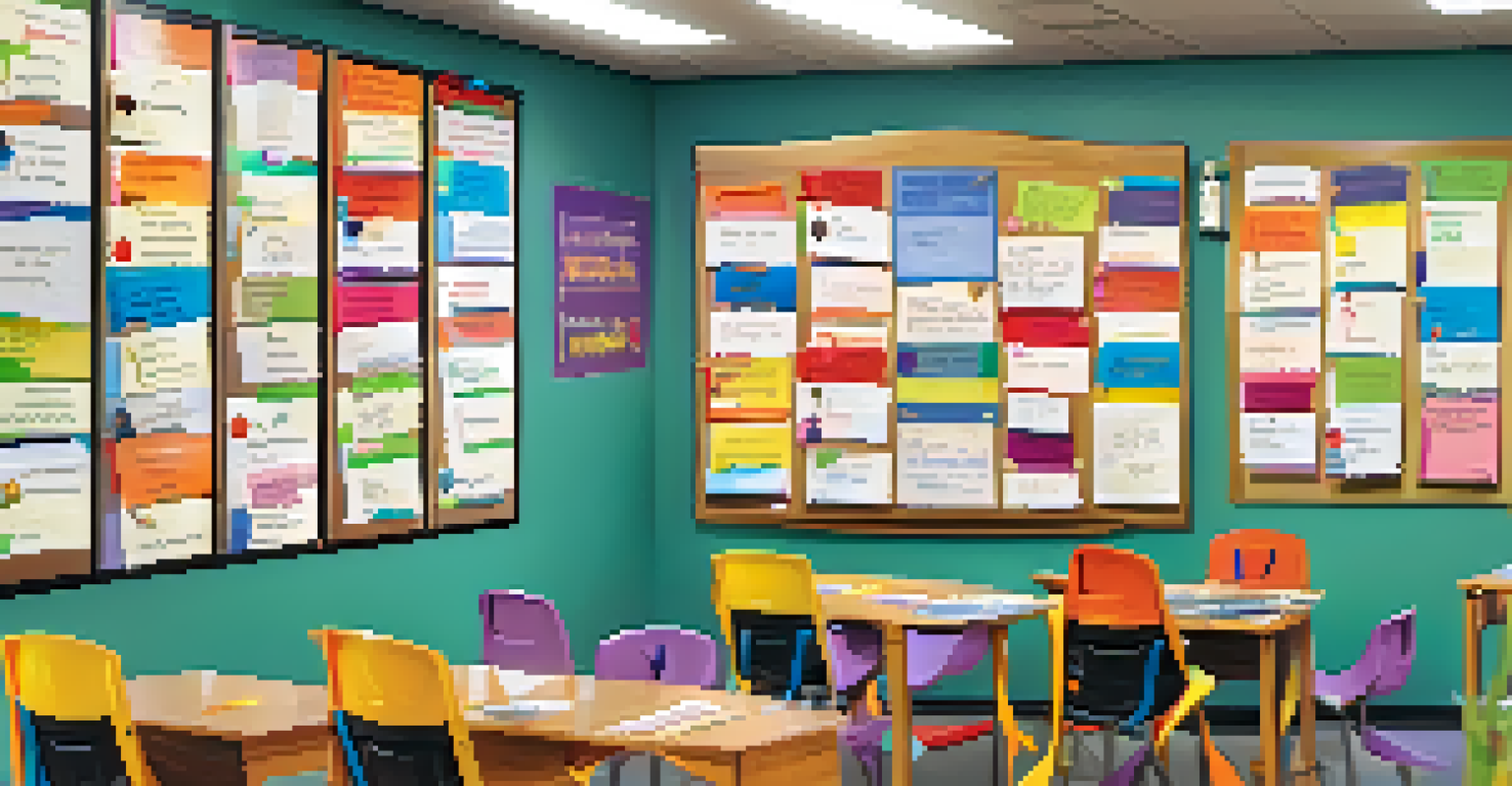 Students proudly displaying their badges on a bulletin board in a bright classroom, engaging with each other about their achievements.
