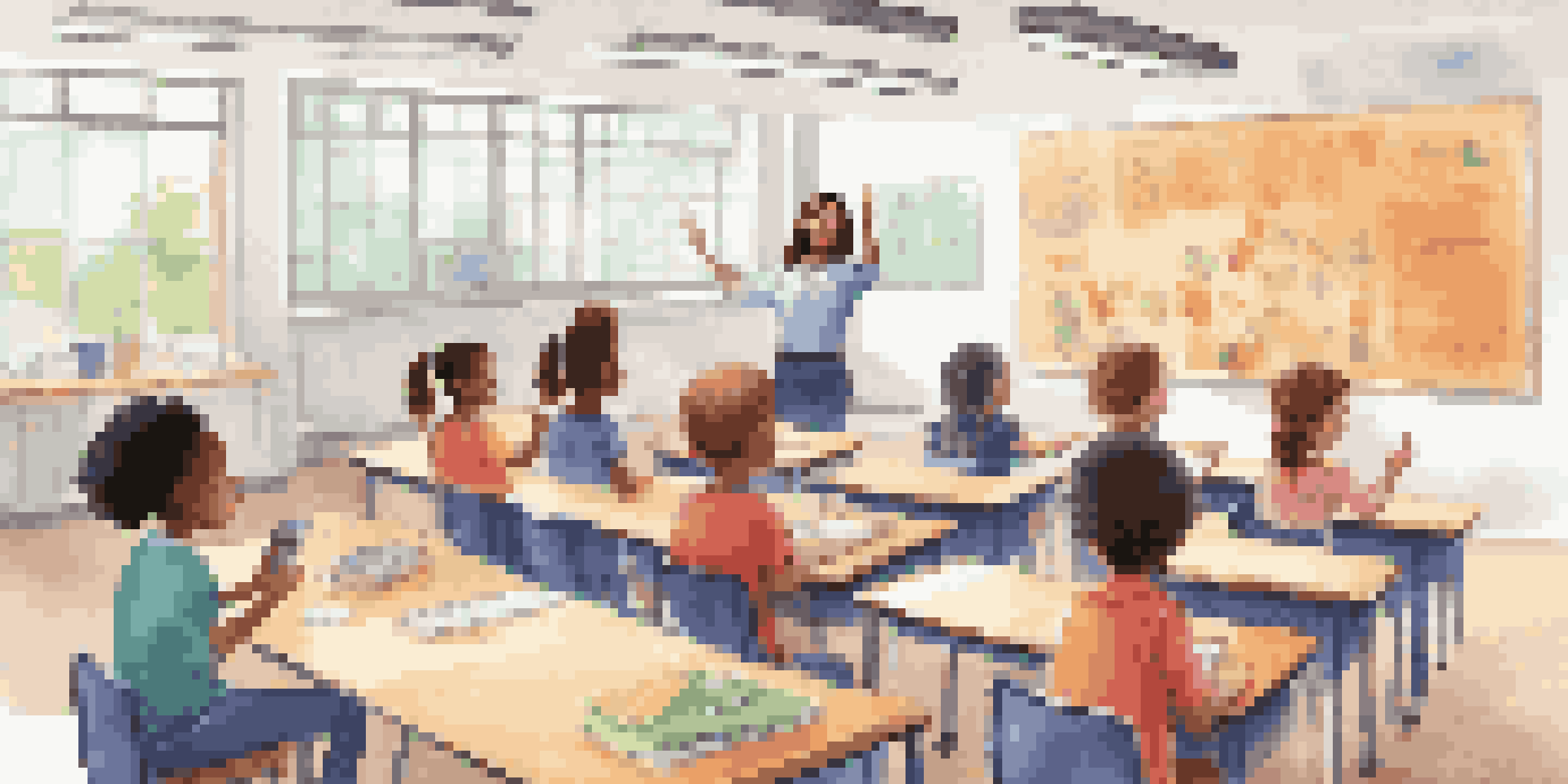 A diverse classroom with students actively participating in a digital citizenship lesson led by a teacher using an interactive screen.