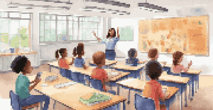 A diverse classroom with students actively participating in a digital citizenship lesson led by a teacher using an interactive screen.