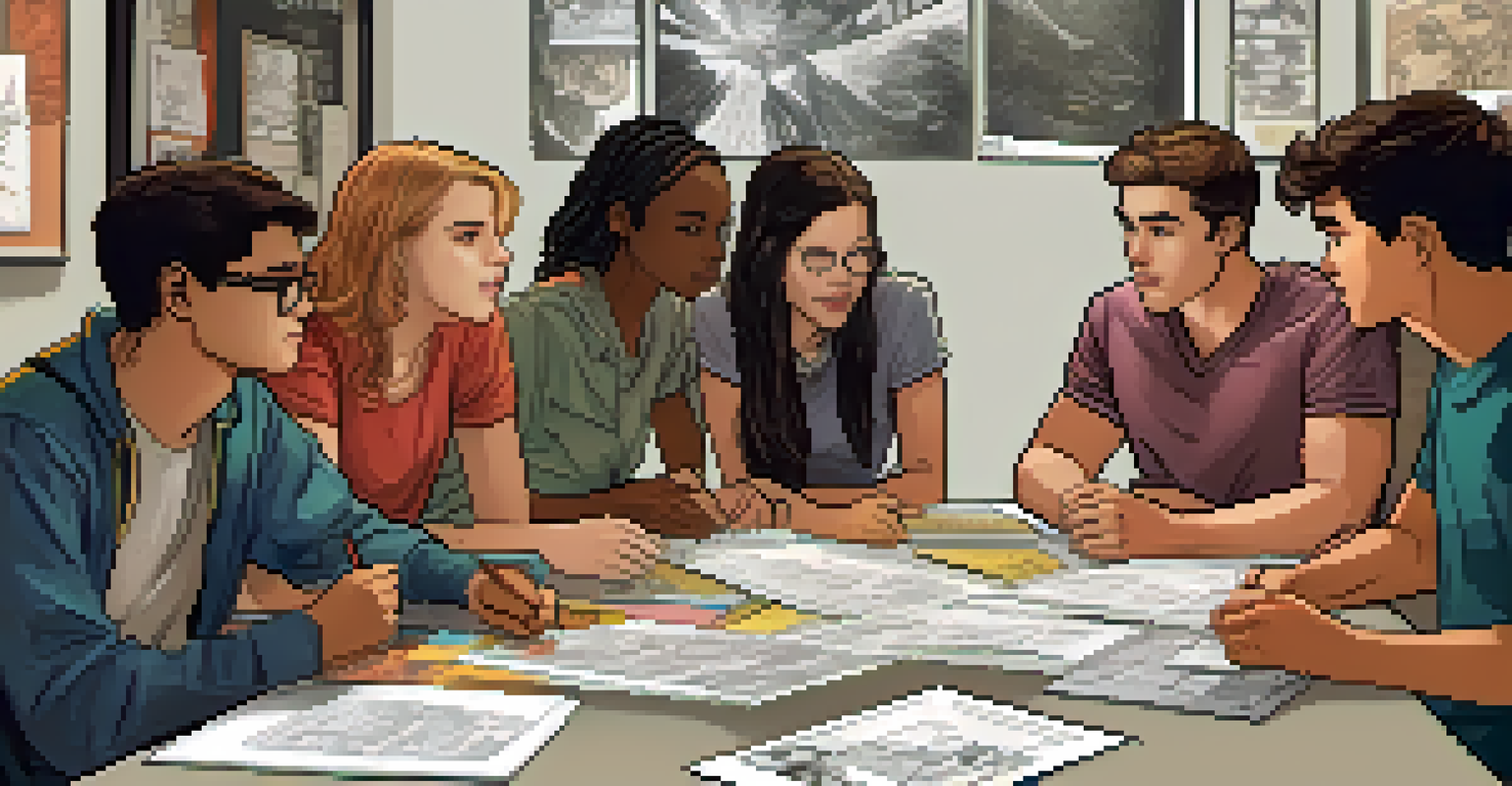 A group of students working together on a graphic novel project, surrounded by sketches and art supplies, in a creatively lit environment.