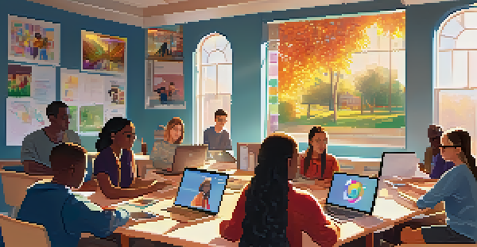 A diverse group of students participating in an online classroom collaboration, with laptops open and colorful graphics visible on the screens.