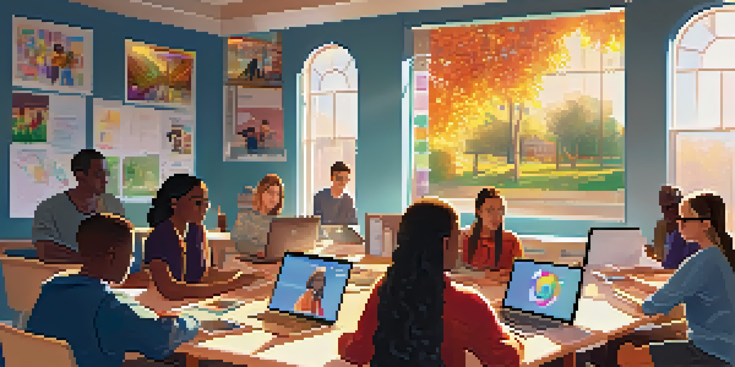 A diverse group of students participating in an online classroom collaboration, with laptops open and colorful graphics visible on the screens.