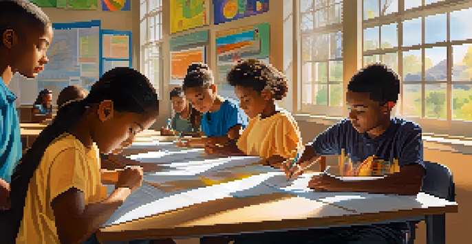 A bright and inviting classroom filled with students of different backgrounds collaborating on a science project, with sunlight streaming in.