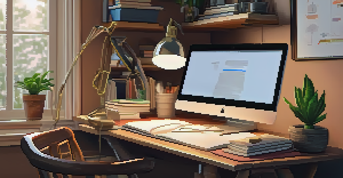 A home office with a wooden desk, laptop, books, and a plant, illuminated by warm desk lamp light.