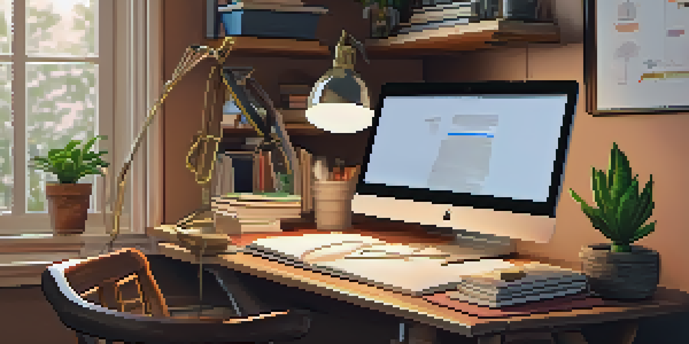 A home office with a wooden desk, laptop, books, and a plant, illuminated by warm desk lamp light.