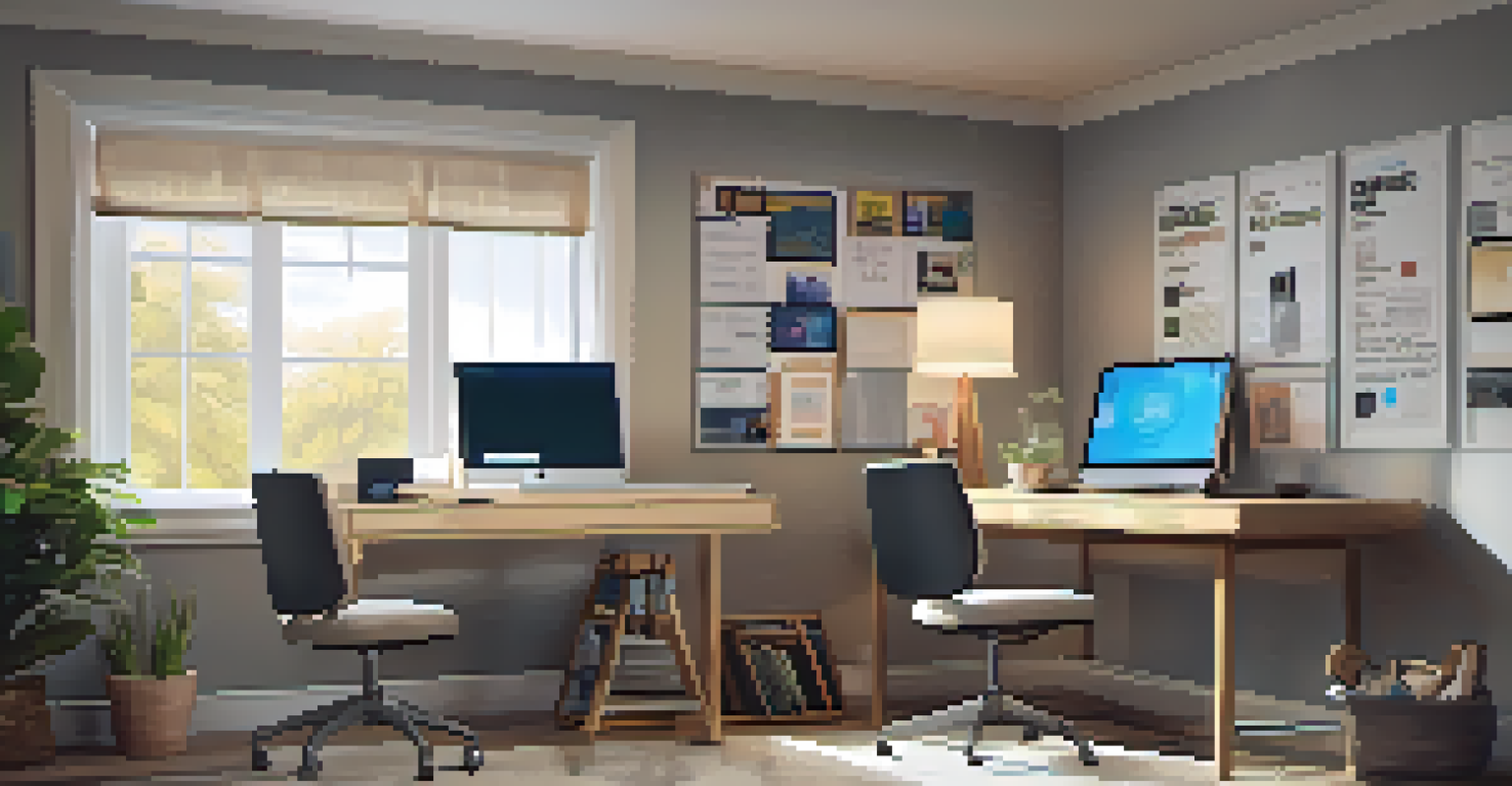 A cozy home office with modern technology for learning, including a computer, notebook, and motivational quotes on the walls.