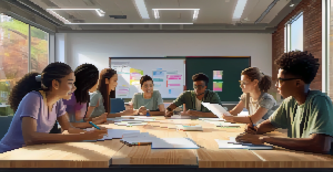 A diverse group of students collaborating at a table with laptops and notebooks, discussing ideas with a whiteboard in the background.