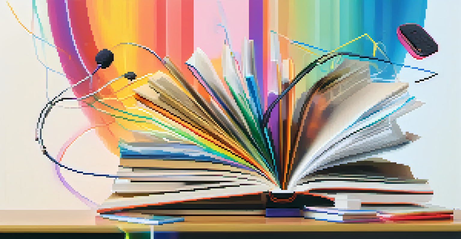 An abstract representation of transmedia learning with interconnected media elements.