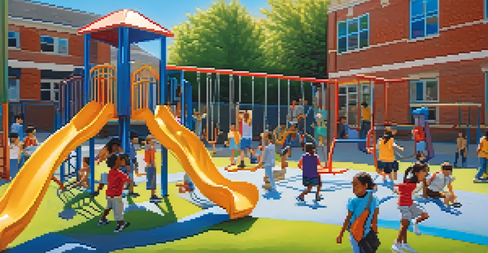 A lively schoolyard with children of different ethnicities playing together on playground equipment, symbolizing inclusivity and safety.