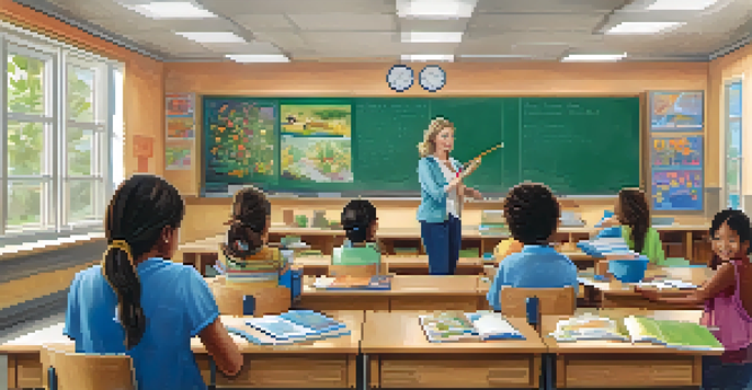 A classroom where two teachers are participating in a peer observation, one teaching and the other observing, with colorful decorations and natural lighting.