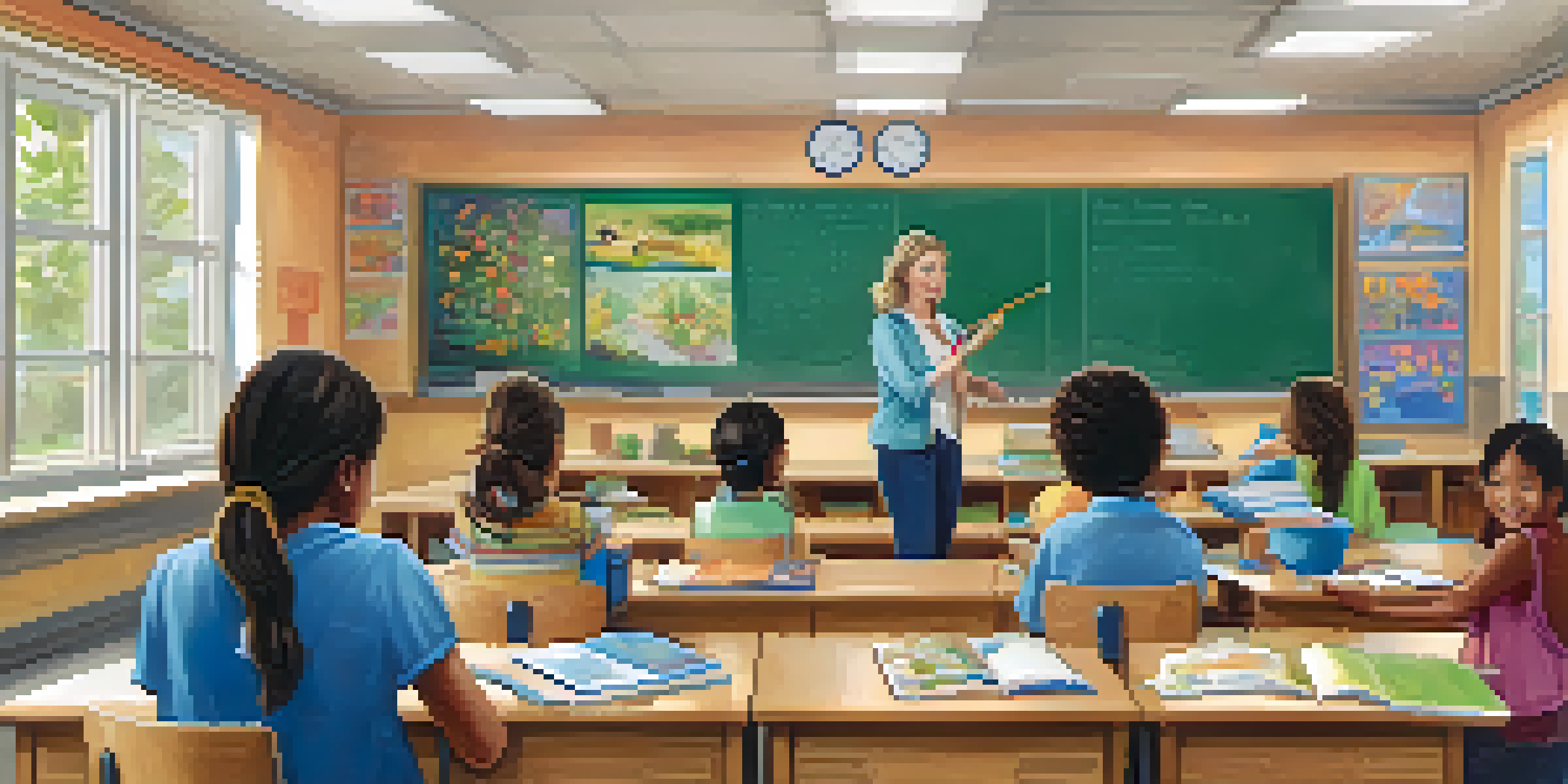A classroom where two teachers are participating in a peer observation, one teaching and the other observing, with colorful decorations and natural lighting.